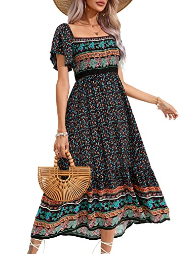 KOJOOIN Damen Sommerkleid Boho Kurzarm Maxikleider Gesmoktes Strandkleid lang Blumenkleid Rüschen Volant Kleid Freizeitkleid (Verpackung MEHRWEG), A-Schwarz, L von KOJOOIN