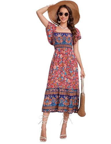 KOJOOIN Damen Sommerkleid Boho Kurzarm Maxikleider Gesmoktes Strandkleid lang Blumenkleid Rüschen Volant Kleid Freizeitkleid Rotblau L von KOJOOIN