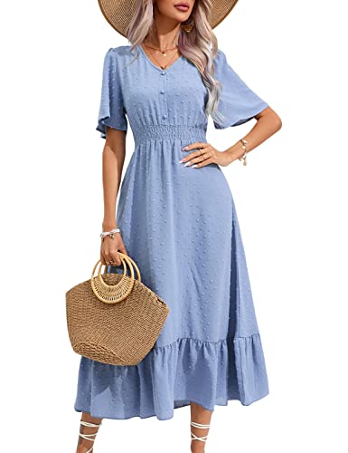 KOJOOIN Damen Sommerkleid Boho Kurzarm Maxikleider Swiss Dot Gesmoktes Strandkleid lang Rüschen Volant Kleid V-Ausschnitt Freizeitkleid mit Knöpfen Partykleid (Verpackung MEHRWEG), A-Blau, M von KOJOOIN