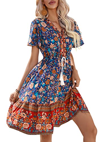 KOJOOIN Damen Sommerkleid Boho Tunika Kleid Kurzarm Minikleider V-Ausschnitt Strandkleid kurz Blumenkleid Rüschen Volant Kleid Freizeitkleid mit Kordelzug (Verpackung MEHRWEG), A-Blau, L von KOJOOIN