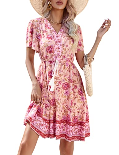 KOJOOIN Damen Sommerkleid Boho Tunika Kleid Kurzarm Minikleider V-Ausschnitt Strandkleid kurz Blumenkleid Rüschen Volant Kleid Freizeitkleid mit Kordelzug (Verpackung MEHRWEG), A-Rosa, L von KOJOOIN