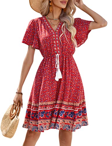 KOJOOIN Damen Sommerkleid Boho Tunika Kleid Kurzarm Minikleider V-Ausschnitt Strandkleid kurz Blumenkleid Rüschen Volant Kleid Freizeitkleid mit Kordelzug (Verpackung MEHRWEG), A-Rot, L von KOJOOIN