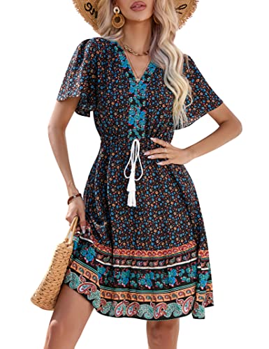 KOJOOIN Damen Sommerkleid Boho Tunika Kleid Kurzarm Minikleider V-Ausschnitt Strandkleid kurz Blumenkleid Rüschen Volant Kleid Freizeitkleid mit Kordelzug (Verpackung MEHRWEG), A-Schwarz, L von KOJOOIN