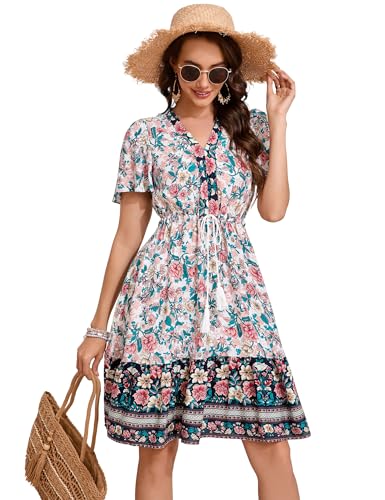 KOJOOIN Damen Sommerkleid Boho Tunika Kleid Kurzarm Minikleider V-Ausschnitt Strandkleid kurz Blumenkleid Rüschen Volant Kleid Freizeitkleid mit Kordelzug A-Grün M von KOJOOIN