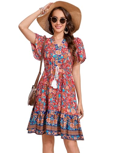 KOJOOIN Damen Sommerkleid Boho Tunika Kleid Kurzarm Minikleider V-Ausschnitt Strandkleid kurz Blumenkleid Rüschen Volant Kleid Freizeitkleid mit Kordelzug A-Rot blau L von KOJOOIN