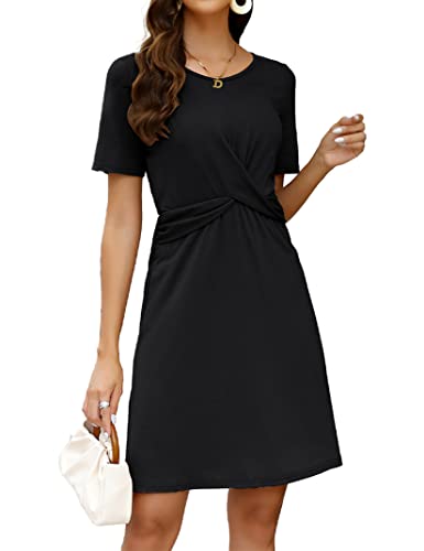 KOJOOIN Damen Sommerkleid Casual Kurzarm Kleid A-Linie Minikleid Hohe Taille Kurz Kleid Schwaz S von KOJOOIN