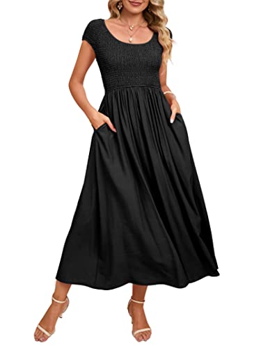 KOJOOIN Umstandskleid, Sommer, lässig, Rundhalsausschnitt, kurze Ärmel, gesmokt, hohe Taille, Maxikleid mit Taschen, Schwarz, Groß von KOJOOIN