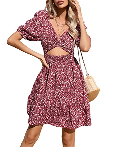 KOJOOIN Damen Sommerkleid Kurz Gesmoktes Kleid V-Ausschnitt Minikleid Volant Kleid Puffärmel Strandkleid High Waist Elegante Blumenkleid (Verpackung MEHRWEG), A-Blumen-Weinrot, XL von KOJOOIN