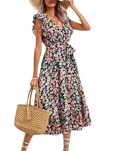 KOJOOIN Damen Sommerkleid Kurzarm Maxikleid Lange Wickelkleid Volant Kleid Rüschen Strandkleid V-Ausschnitt Elegante Blumenkleid mit Gürtel (Verpackung MEHRWEG), A-Blumen-Dunkelblau, L von KOJOOIN