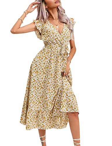 KOJOOIN Damen Sommerkleid Kurzarm Maxikleid Lange Wickelkleid Volant Kleid Rüschen Strandkleid V-Ausschnitt Elegante Blumenkleid mit Gürtel (Verpackung MEHRWEG), A-Blumen-Gelb, S von KOJOOIN