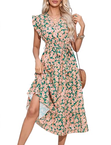KOJOOIN Damen Sommerkleid Kurzarm Maxikleid Lange Wickelkleid Volant Kleid Rüschen Strandkleid V-Ausschnitt Elegante Blumenkleid mit Gürtel (Verpackung MEHRWEG), A-Blumen-Grün, S von KOJOOIN