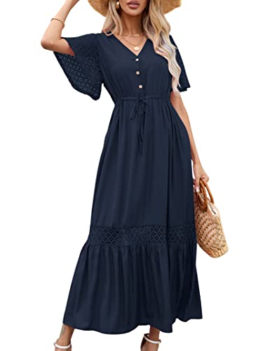 KOJOOIN Damen Sommerkleid Spitze Kurzarm Maxikleider Boho Strandkleid lang Rüschen Volant Kleid V-Ausschnitt Freizeitkleid mit Knöpfen Partykleid (Verpackung MEHRWEG), A-Dunkelblau, S von KOJOOIN