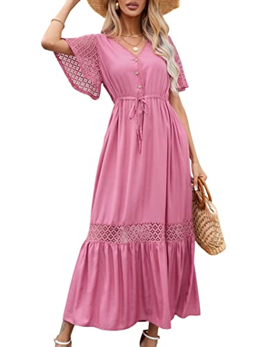 KOJOOIN Damen Sommerkleid Spitze Kurzarm Maxikleider Boho Strandkleid lang Rüschen Volant Kleid V-Ausschnitt Freizeitkleid mit Knöpfen Partykleid (Verpackung MEHRWEG), A-Rosa, L von KOJOOIN