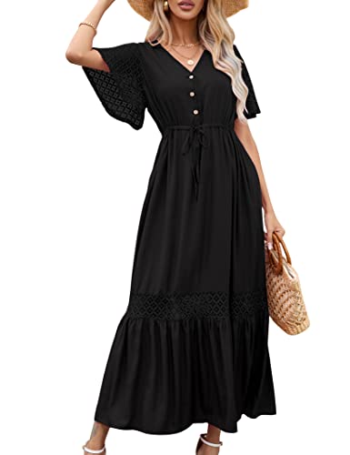 KOJOOIN Damen Sommerkleid Spitze Kurzarm Maxikleider Boho Strandkleid lang Rüschen Volant Kleid V-Ausschnitt Freizeitkleid mit Knöpfen Partykleid (Verpackung MEHRWEG), A-Schwarz, L von KOJOOIN