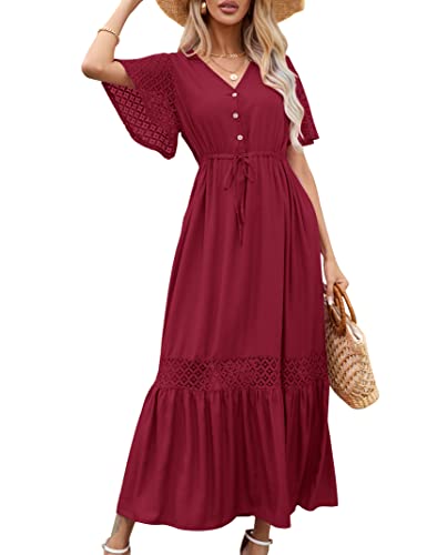 KOJOOIN Damen Sommerkleid Spitze Kurzarm Maxikleider Boho Strandkleid lang Rüschen Volant Kleid V-Ausschnitt Freizeitkleid mit Knöpfen Partykleid (Verpackung MEHRWEG), A-Weinrot, L von KOJOOIN