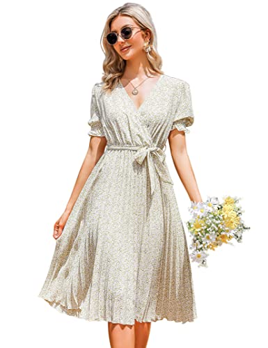 KOJOOIN Damen Sommerkleid V Ausschnitt Tunika Midikleid Plissiert Wickelkleid Kurzärm Casual Kleid A-Linie Freizeitkleid mit Gürtel, Gelbe Blume, L von KOJOOIN