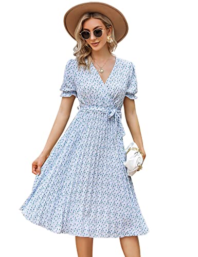 KOJOOIN Damen Sommerkleid V Ausschnitt Tunika Midikleid Plissiert Wickelkleid Kurzärm Casual Kleid A-Linie Freizeitkleid mit Gürtel, Grüne Blume, L von KOJOOIN