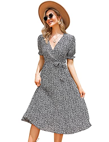 KOJOOIN Damen Sommerkleid V Ausschnitt Tunika Midikleid Plissiert Wickelkleid Kurzärm Casual Kleid A-Linie Freizeitkleid mit Gürtel, Schwarze Blume-1, L von KOJOOIN