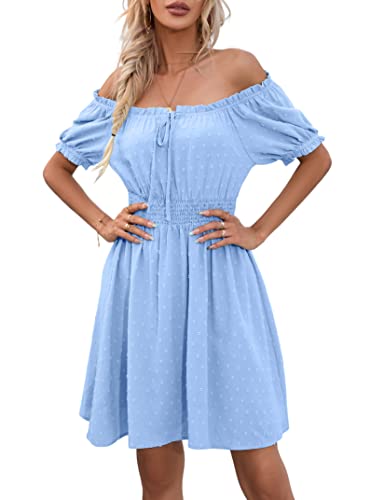 KOJOOIN Damen Sommerkleider MiniKleid Swiss dot Kurzarm Kleid Puffärmel mit Rüsche trägerlos Kleider Tupfen Freizeit Sommer Strand Hellblau L von KOJOOIN