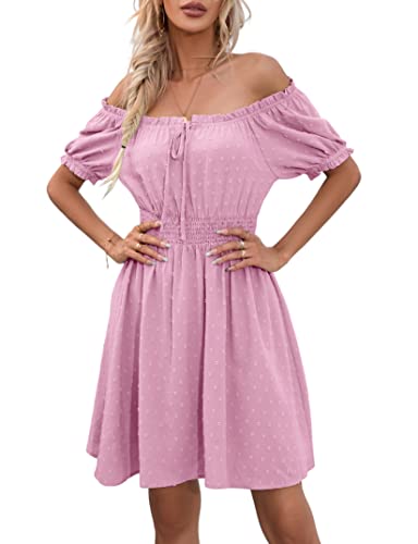 KOJOOIN Damen Sommerkleider MiniKleid Swiss dot Kurzarm Kleid Puffärmel mit Rüsche trägerlos Kleider Tupfen Freizeit Sommer Strand Rosa L von KOJOOIN