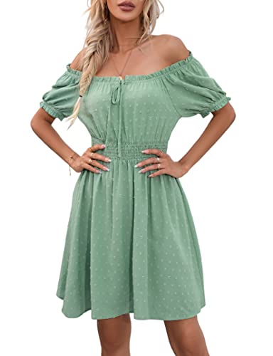 KOJOOIN Damen Sommerkleider MiniKleid Swiss dot Kurzarm Kleid Puffärmel mit Rüsche trägerlos Kleider Tupfen Freizeit Sommer Strand grün S von KOJOOIN