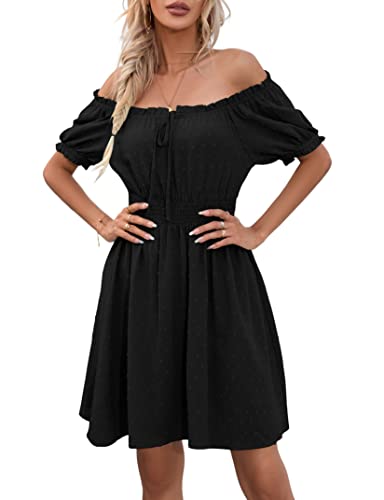 KOJOOIN Damen Sommerkleider MiniKleid Swiss dot Kurzarm Kleid Puffärmel mit Rüsche trägerlos Kleider Tupfen Freizeit Sommer Strand schwarz L von KOJOOIN