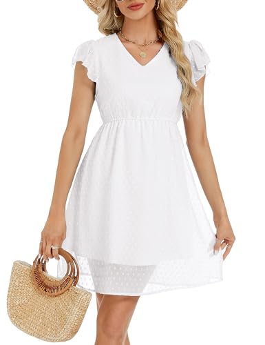 KOJOOIN Damen Sommerkleider Rüschen Ärmel V-Ausschnitt Kleid Casual Swing Elastische Taille Knielang Strandkleid Weiß L von KOJOOIN