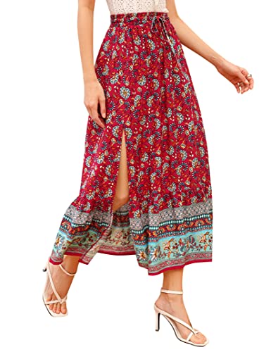 KOJOOIN Damen Rock Boho Sommerrock Casual Midirock Hohe Taille A Line Strandrock Rot M von KOJOOIN