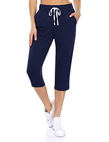 KOJOOIN Damen Sporthosen 3/4 Jogginghose Baumwolle Freizeithose Loose Fit Trainingshose mit Taschen und Kordelzug, für Jogging Laufen Fitness Hohe Taile Sweathose A-Dunkelblau XL von KOJOOIN