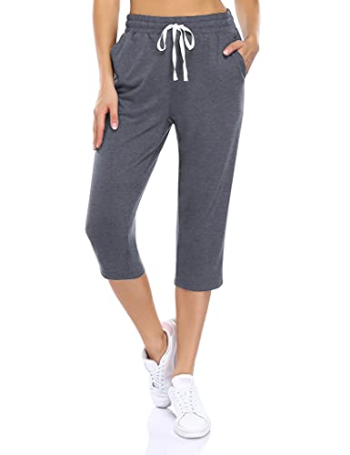 KOJOOIN Damen Sporthosen 3/4 Jogginghose Baumwolle Freizeithose Loose Fit Trainingshose mit Taschen und Kordelzug, für Jogging Laufen Fitness Hohe Taile Sweathose A-Dunkelgrau M von KOJOOIN