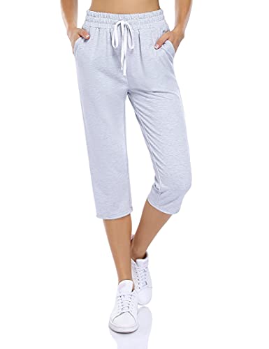 KOJOOIN Damen Sporthosen 3/4 Jogginghose Baumwolle Freizeithose Loose Fit Trainingshose mit Taschen und Kordelzug, für Jogging Laufen Fitness Hohe Taile Sweathose A-Grau M von KOJOOIN