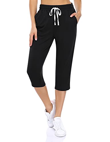 KOJOOIN Damen Sporthosen 3/4 Jogginghose Baumwolle Freizeithose Loose Fit Trainingshose mit Taschen und Kordelzug, für Jogging Laufen Fitness Hohe Taile Sweathose A-Schwarz L von KOJOOIN