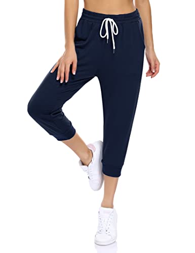 KOJOOIN Damen Sporthosen 3/4 Jogginghose Loose Fit Trainingshose mit Taschen und Kordelzug, Freizeithosen Hohe Taile Sweathose aus Baumwolle B-Dunkelblau M von KOJOOIN