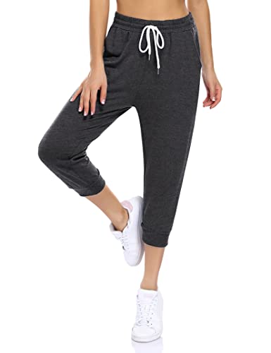 KOJOOIN Damen Sporthosen 3/4 Jogginghose Loose Fit Trainingshose mit Taschen und Kordelzug, Freizeithosen Hohe Taile Sweathose aus Baumwolle B-Dunkelgrau M von KOJOOIN