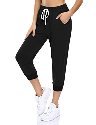 KOJOOIN Damen Sporthosen 3/4 Jogginghose Loose Fit Trainingshose mit Taschen und Kordelzug, Freizeithosen Hohe Taile Sweathose aus Baumwolle B-Schwarz L von KOJOOIN