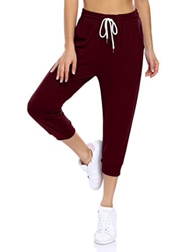 KOJOOIN Damen Sporthosen 3/4 Jogginghose Loose Fit Trainingshose mit Taschen und Kordelzug, Freizeithosen Hohe Taile Sweathose aus Baumwolle B-Weinrot M von KOJOOIN