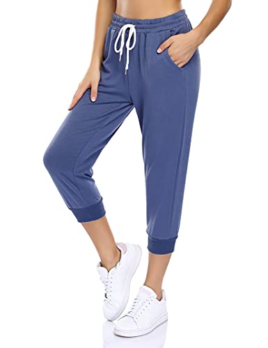 KOJOOIN Damen Sporthosen 3/4 Jogginghose Loose Fit Trainingshose mit Taschen und Kordelzug, Freizeithosen Hohe Taile Sweathose aus Baumwolle Blau XL von KOJOOIN