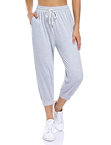 KOJOOIN Damen Sporthosen 3/4 Jogginghose Loose Fit Trainingshose mit Taschen und Kordelzug, Freizeithosen Hohe Taile Sweathose aus Baumwolle Grau L von KOJOOIN