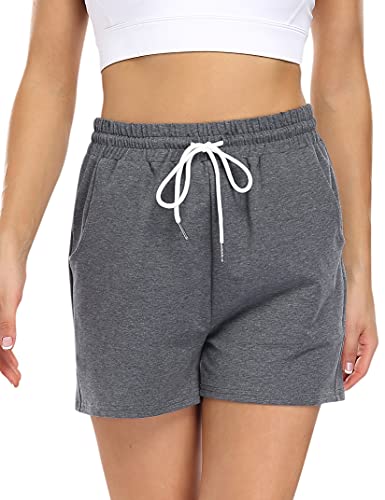 KOJOOIN Kurze Hose Damen Shorts Sommer Kurze Sporthose Baumwolle Jogginghose Loose Fit Sweathose mit Taschen,für Jogging Yoga Fitness Freizeithose A-Dunkelgrau M von KOJOOIN