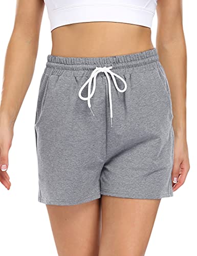 KOJOOIN Kurze Hose Damen Shorts Sommer Kurze Sporthose Baumwolle Jogginghose Loose Fit Sweathose mit Taschen,für Jogging Yoga Fitness Freizeithose A-Grau L von KOJOOIN