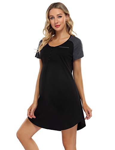 KOJOOIN Damen Stillnachthemd mit Knopfleiste, Umstandskleid Baumwolle V Ausschnitt Umstandsnachthemd Schlafanzug für Schwangere oder Stillende Frauen Schwarz M von KOJOOIN