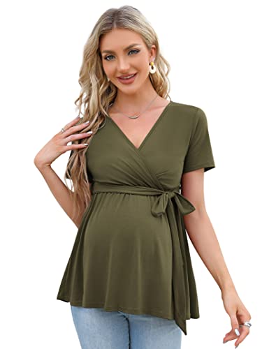 KOJOOIN Damen Stillshirt Schwangerschaftsshirt V-Ausschnitt Umstandsshirt Kurzarm Nursing Tops mit Gürtel Armeegrün(Kurzarm) L von KOJOOIN