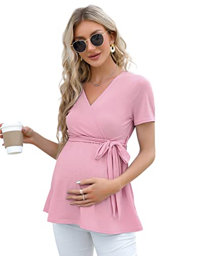 KOJOOIN Damen Stillshirt Schwangerschaftsshirt V-Ausschnitt Umstandsshirt Kurzarm Nursing Tops mit Gürtel Rosa(Kurzarm) L von KOJOOIN