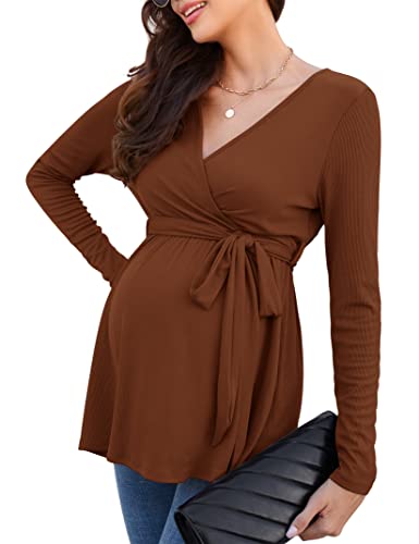 KOJOOIN Damen Stillshirt Schwangerschaftsshirt V-Ausschnitt Umstandsshirt Langarm Nursing Tops mit Gürtel Umstandsmode Braun(Langarm) L von KOJOOIN