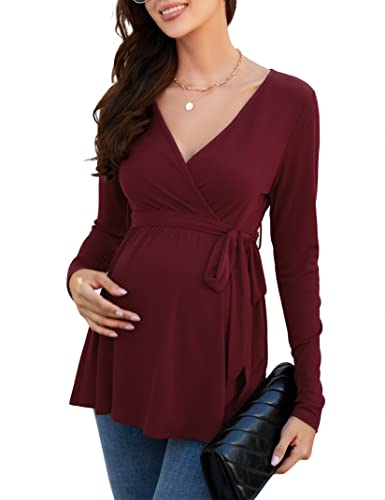 KOJOOIN Damen Stillshirt Schwangerschaftsshirt V-Ausschnitt Umstandsshirt Langarm Nursing Tops mit Gürtel Umstandsmode Burgundy(Langarm) S von KOJOOIN