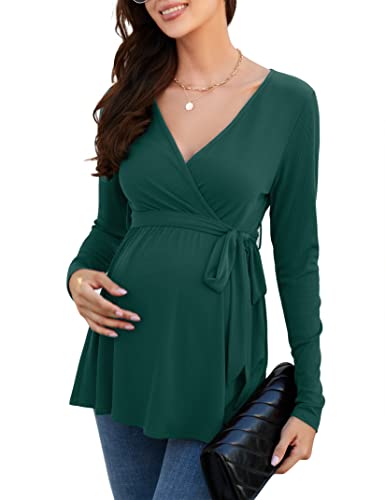 KOJOOIN Damen Stillshirt Schwangerschaftsshirt V-Ausschnitt Umstandsshirt Langarm Nursing Tops mit Gürtel Umstandsmode Dunkelgrün(Langarm) S von KOJOOIN