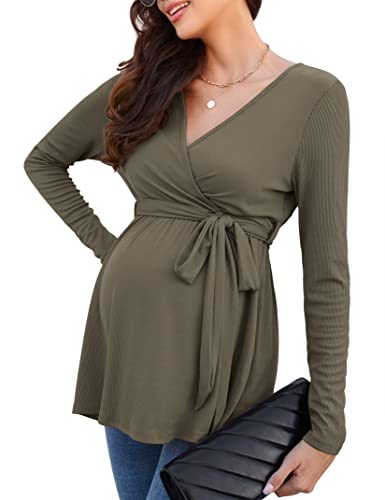 KOJOOIN Damen Stillshirt Schwangerschaftsshirt V-Ausschnitt Umstandsshirt Langarm Nursing Tops mit Gürtel Umstandsmode Olivgrün(Langarm) L von KOJOOIN