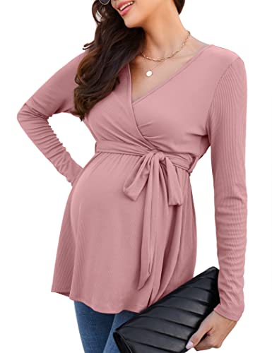 KOJOOIN Damen Stillshirt Schwangerschaftsshirt V-Ausschnitt Umstandsshirt Langarm Nursing Tops mit Gürtel Umstandsmode Rosa(Langarm) XXL von KOJOOIN