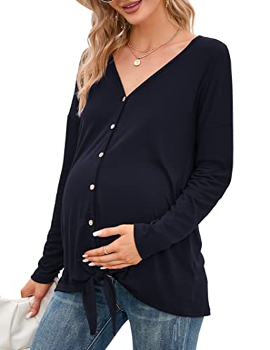 KOJOOIN Damen Stillshirt Schwangerschaftsshirt V-Ausschnitt Umstandsshirt Schwangere Langarm Nursing Tops mit Knöpfen geknotetes Umstandsmode Dunkelblau XXL von KOJOOIN