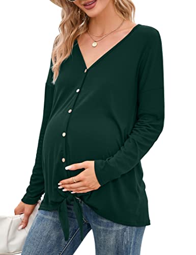 KOJOOIN Damen Stillshirt Schwangerschaftsshirt V-Ausschnitt Umstandsshirt Schwangere Langarm Nursing Tops mit Knöpfen geknotetes Umstandsmode Dunkelgrün L von KOJOOIN